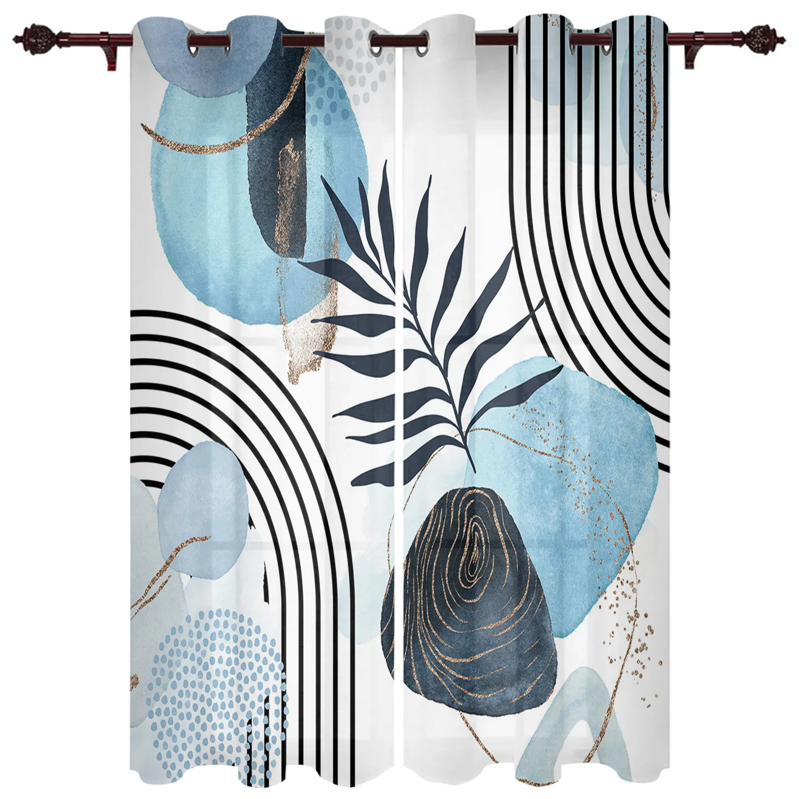 Шторы с абстрактным изображением листьев в стиле бохо тёмно-синие листья для