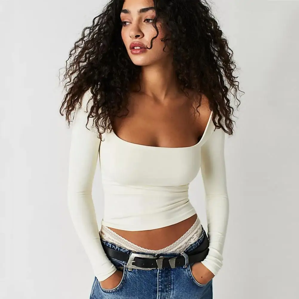 

Soft Stretchy T-shirt Elegant Square Neck Long Sleeve Blouse Stylish Women's Pullover with Soft Waist-exposed Design for Fall