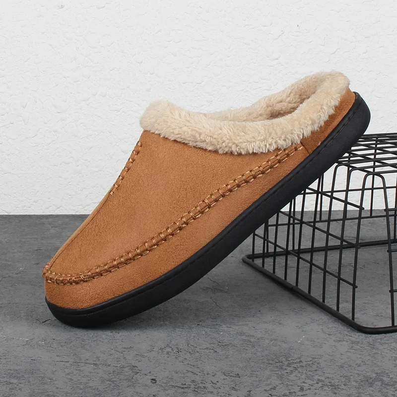 Home Winter Indoor Plush Warm Shoes Thick Bottom Plush Waterproof Leather House Slippers Man Suede Cotton Shoes