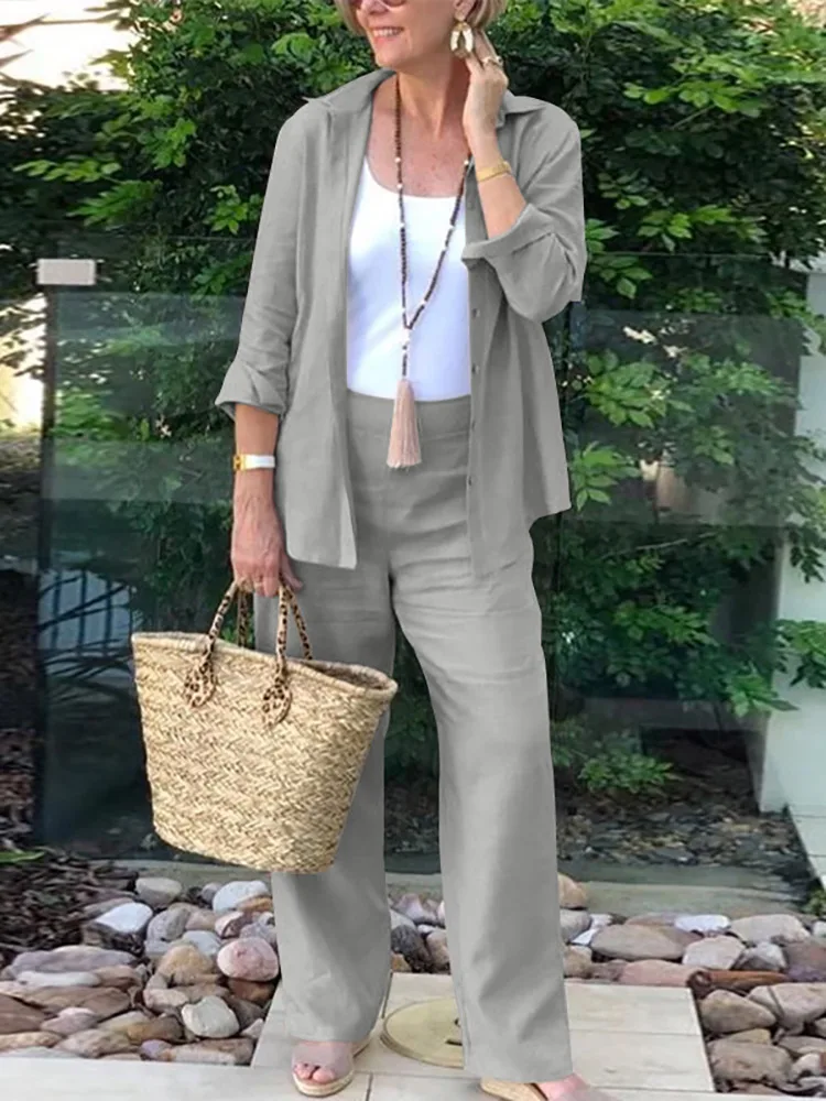 

Осенний женский элегантный костюм ZANZEA 2022 года, хлопковые подходящие комплекты оверсайз, блузка с отворотом и длинным рукавом, свободные брю...