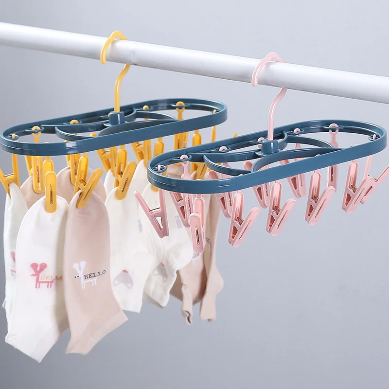 

12 Clips Folding Clothes Dryer Hanger Children Adults Clothes Dryer Windproof Socks Underwear Plastic Drying Rack