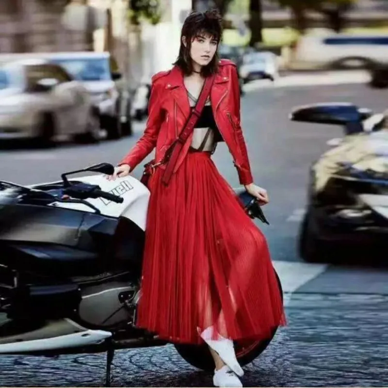 Spring 2022 New Women Genuine Leather Jacket Female Korean Lapel Fashion Slim Coat Quality Girl Sheepskin Motorcycle Overcoat