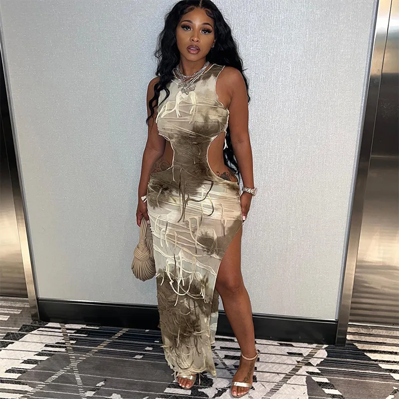 

Tie Dye Print Tassel Long Dress Women Sexy Cutout O-neck Sleeveless Side High Split Bodycon Maxi Club Party Dresses Streetwear