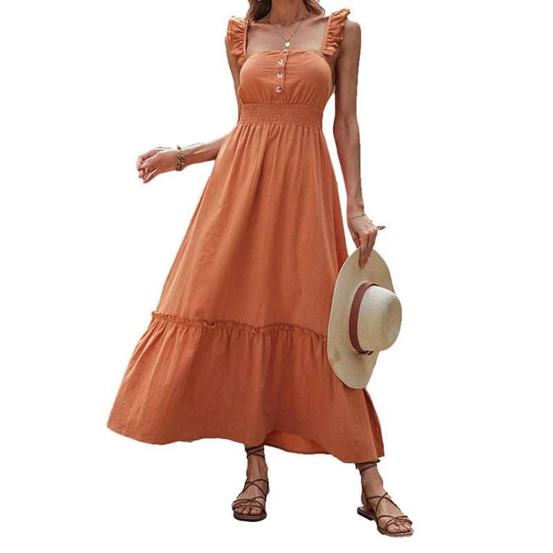

Women Summer Ruffle Spaghetti Strap Maxi Long Flowy Dress Solid Color Buttons Shirred Elastic Waist Pleated Flare Hem Sleeveless