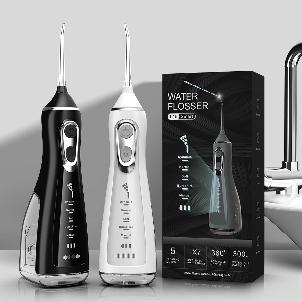 Фото Портативный ирригатор полости рта, режим очистки «сделай сам», перезаряжаемый через USB, водонепроницаемая зубная нить, 5 режимов чистки, 4 насадки №2
