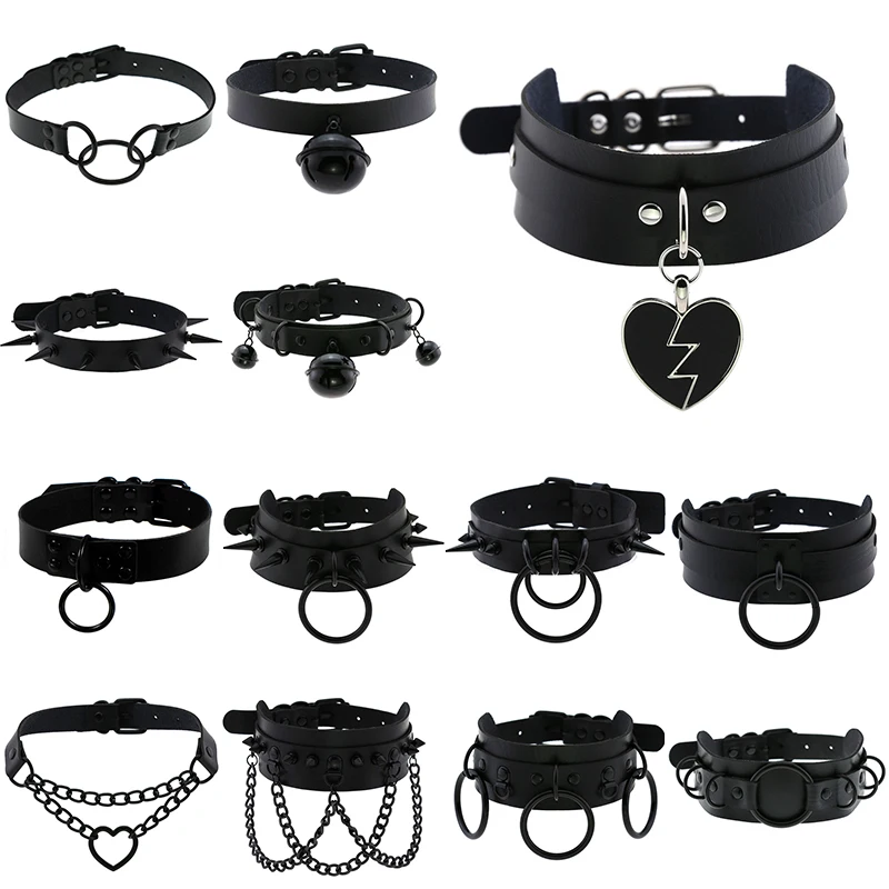 Goth Punk Spike Rivet Choker Collar For Women Black Round Heart Bell Belt Necklace Neck Strap Cosplay Chocker Gothic Accessories
