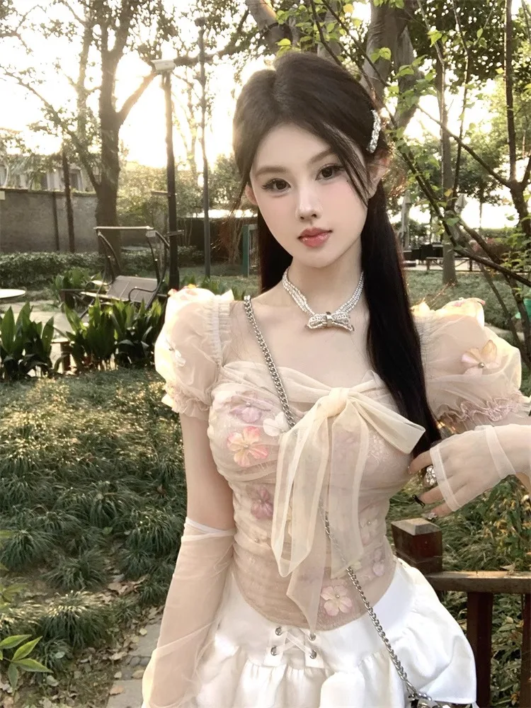 Женские рубашки Ezgaga с цветочным кружевом лоскутное шитье бандажный вырез тонкий