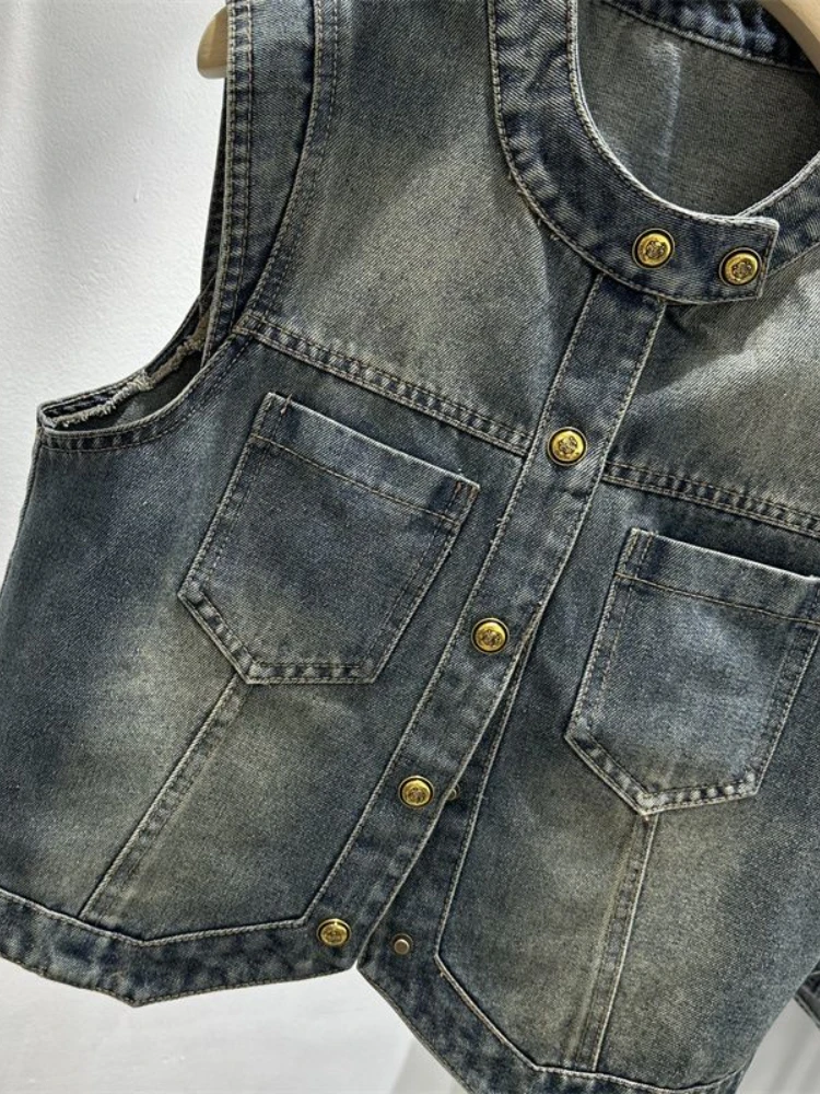 Модный винтажный джинсовый жилет с круглым вырезом без рукавов карманами в стиле