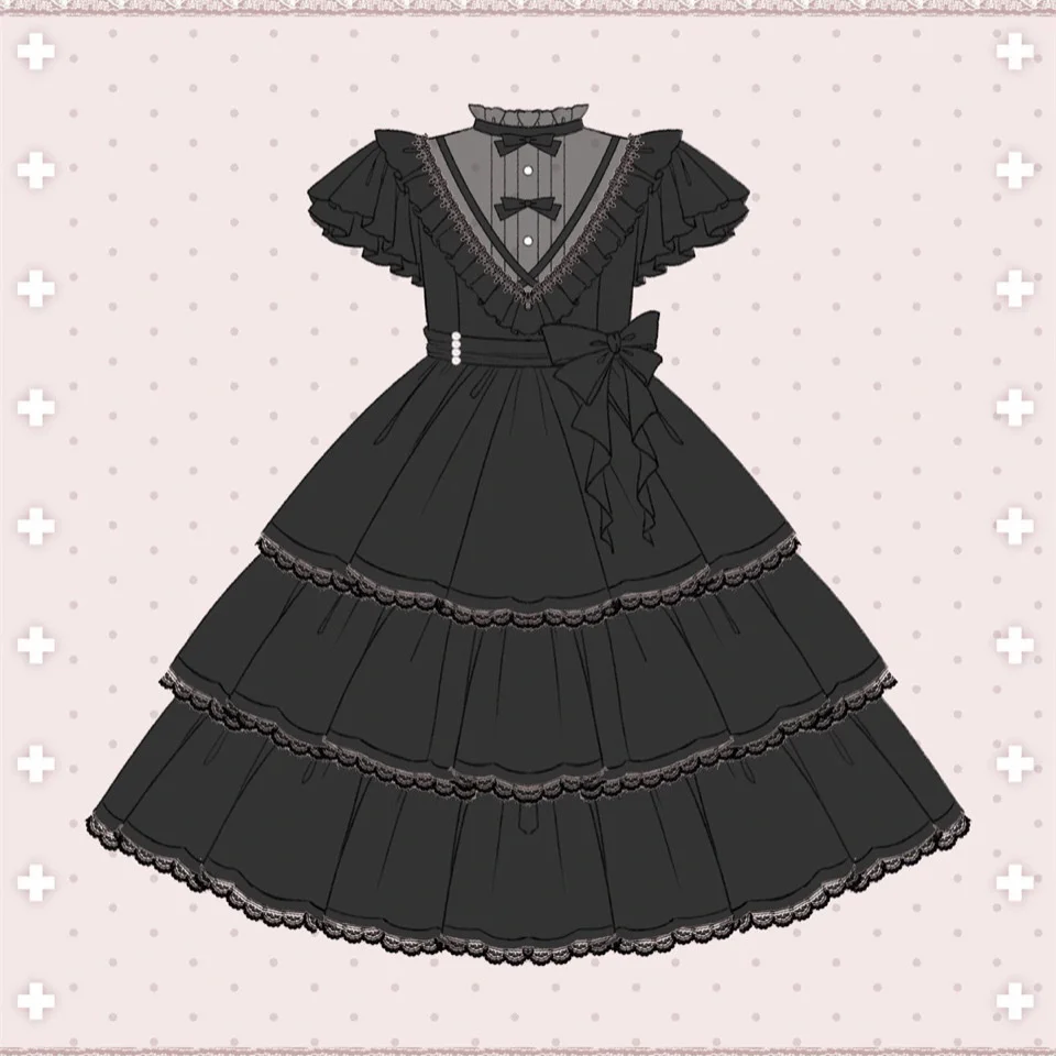 

Morning Banquet Light Flower Wedding Dress Op Short Sleeve Daily Dresses Lolita Skirt Black White Gothic