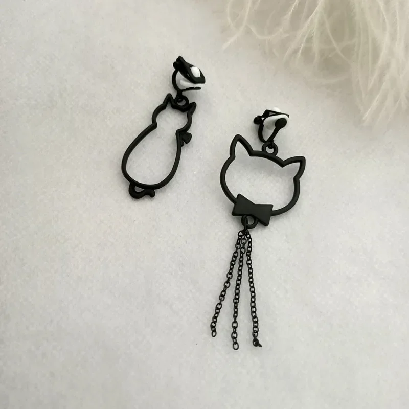 Серьги-клипсы в японском стиле с длинными кисточками и мультяшными кошачьими