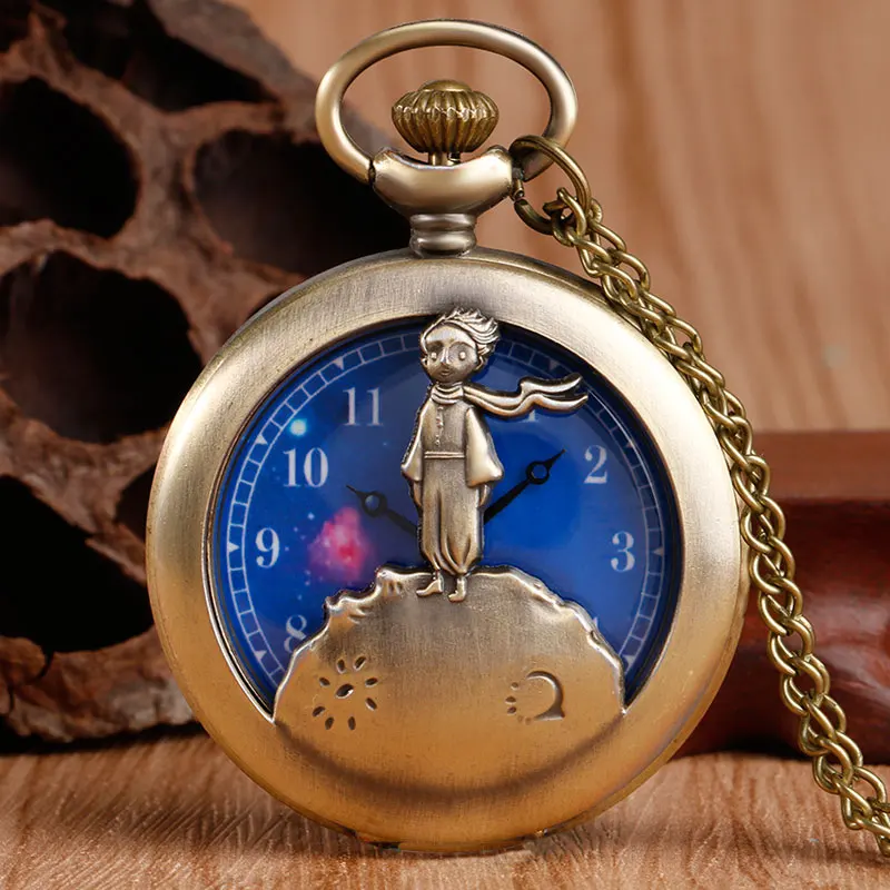 Vintage Bronze Hollow Design Little Prince Necklace Pendant Pocket Watch Gift Clock For Mlae Kids Relogio Saati