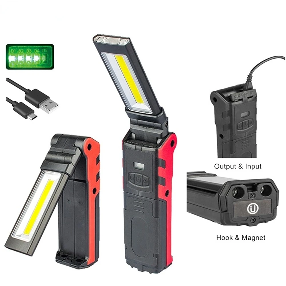 USB Rechargeable Working Light Dimmable COB LED Flashlight Inspection Lamp with Magnetic Base and Hook Outdoor Power Bank