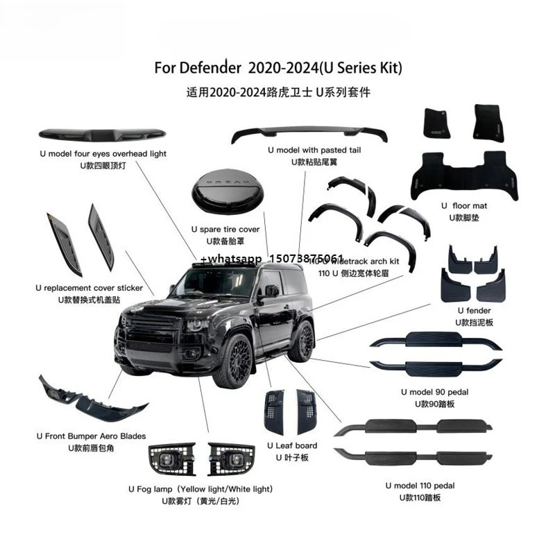 Фото Комплект обвеса в стиле Urban (глянцевый черный) для Defender 110/90 2020-2024: накладки на пороги, крышка запасного колеса, спойлер, противотуманные фары №1