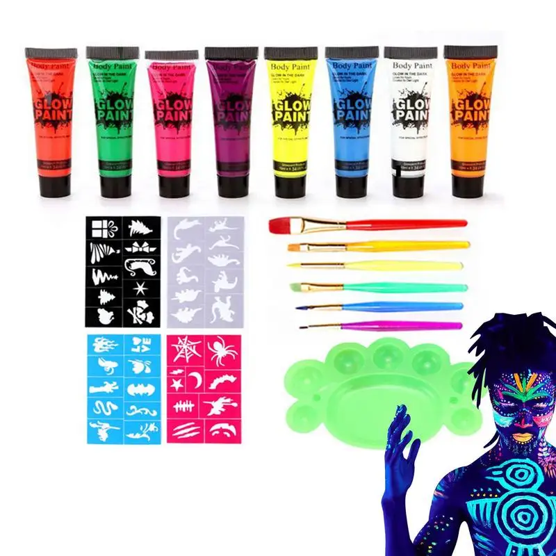 

Набор флуоресцентных краски для тела на Хэллоуин, Палетка флуоресцентных кремов для рисования, палитра краски для лица и тела, блестящий крем для лица