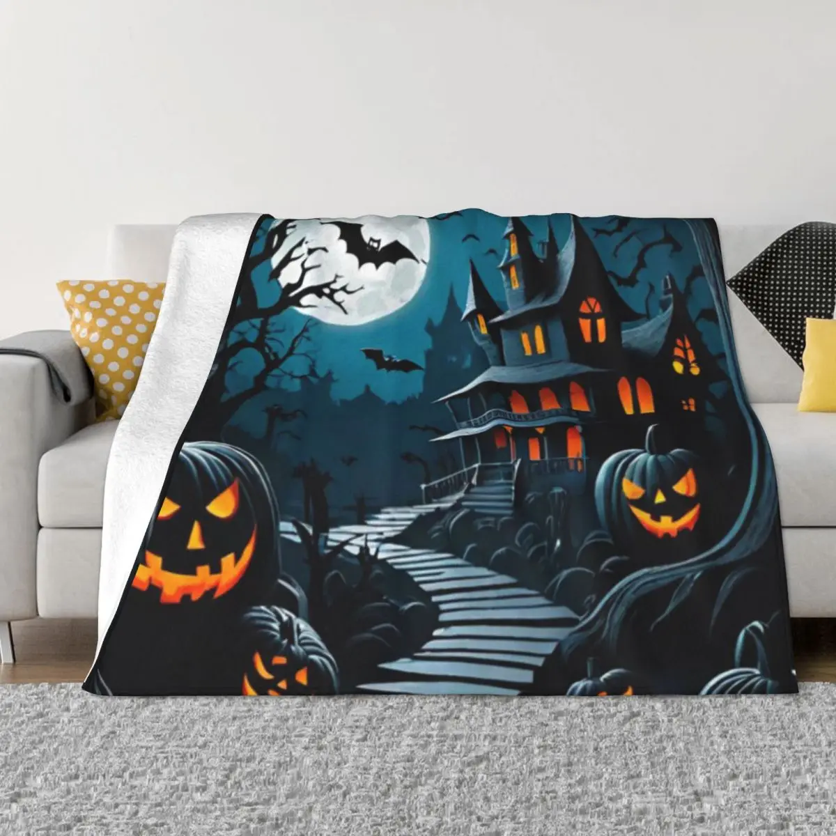 Жуткий дом с привидениями в сумерках. Ультрамягкое одеяло из микрофлиса.