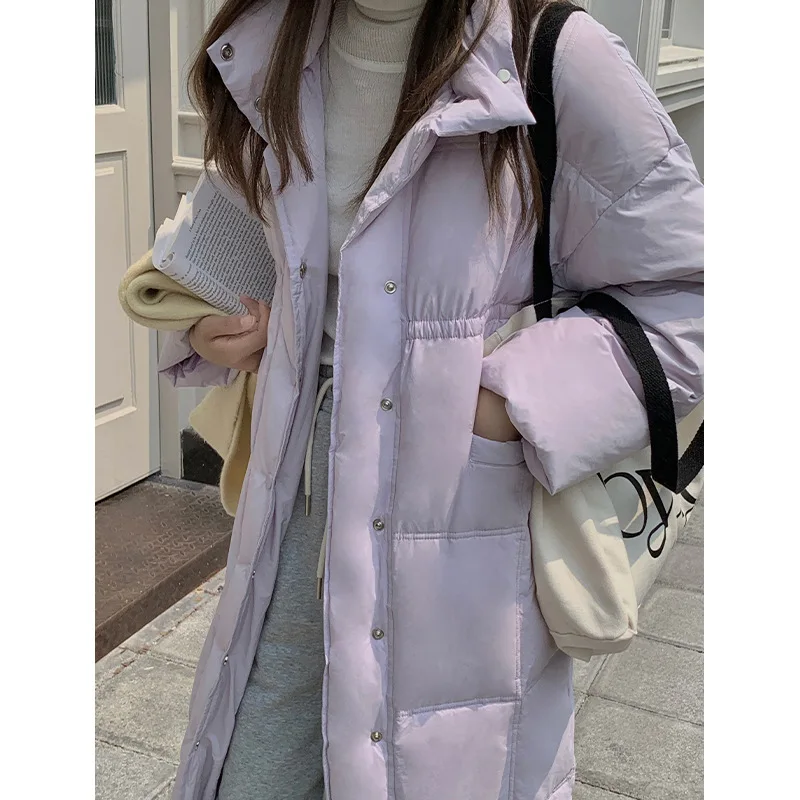 Women's Down Jacket Winter New Simple Medium Length Cotton Jacket Stand Collar Windproof Thick Warm White Eiderdown Jacket