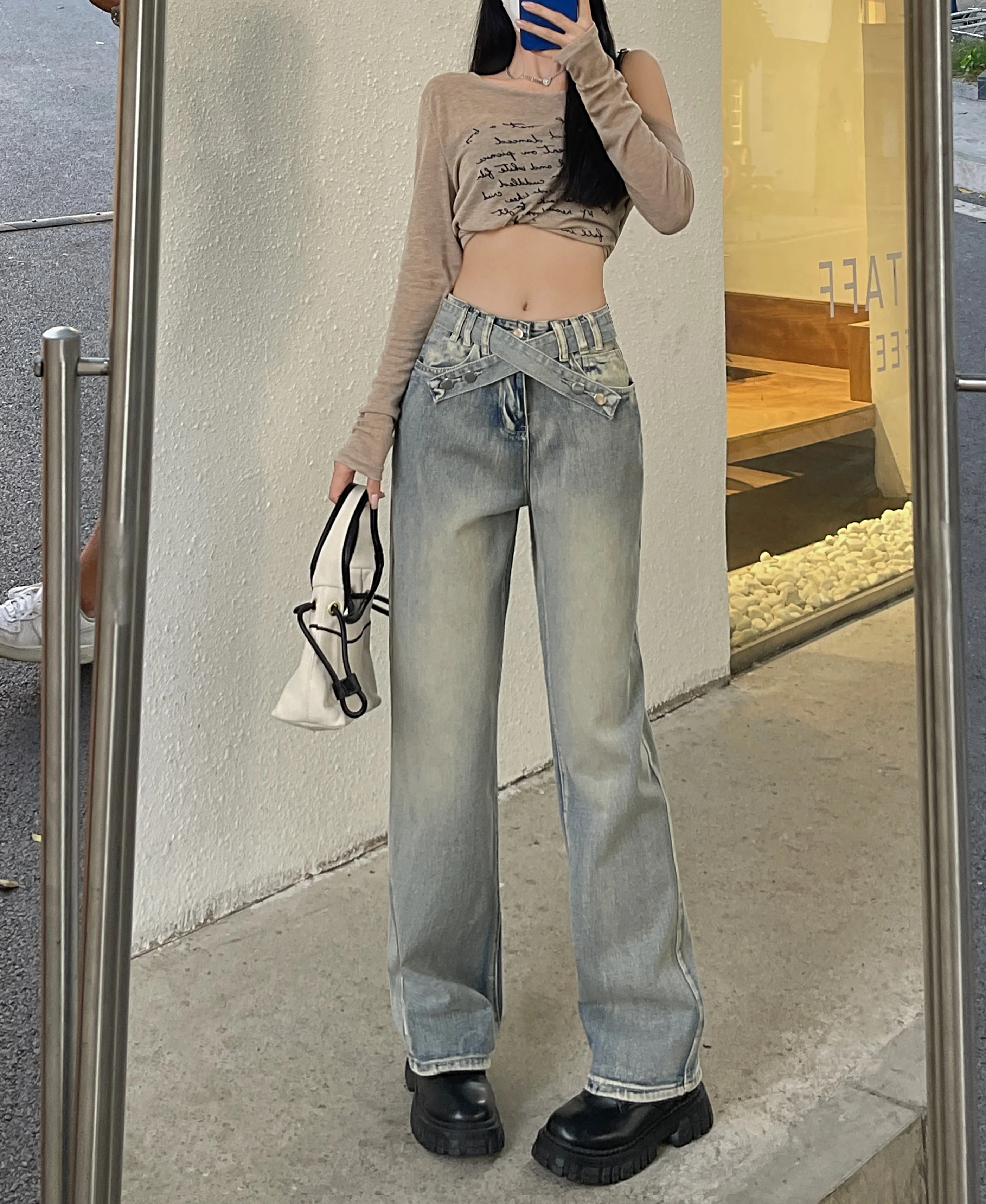 Jeans Women's light blue spring and autumn high street fashion American style design feels thin and loose straight pants