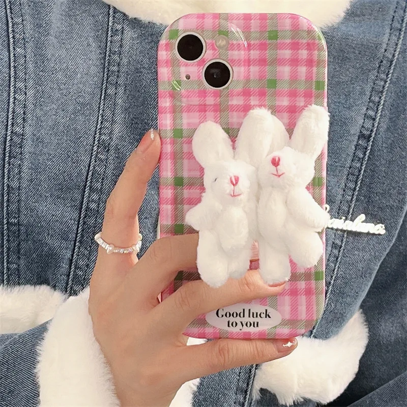 

Pink Green Checkered Stereoscopic Plush Rabbit Phone Cover Case for iPhone 14 13 12 11 Pro Max 14 13 12 11