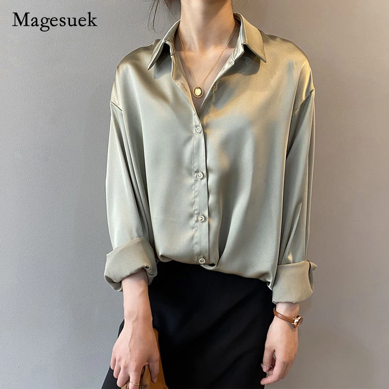 

Solid Loose Satin Blouse New Spring Turn-down Collar Women White Shirt Women Tops Casual Button Silk Shirt Woman Blusas 11355