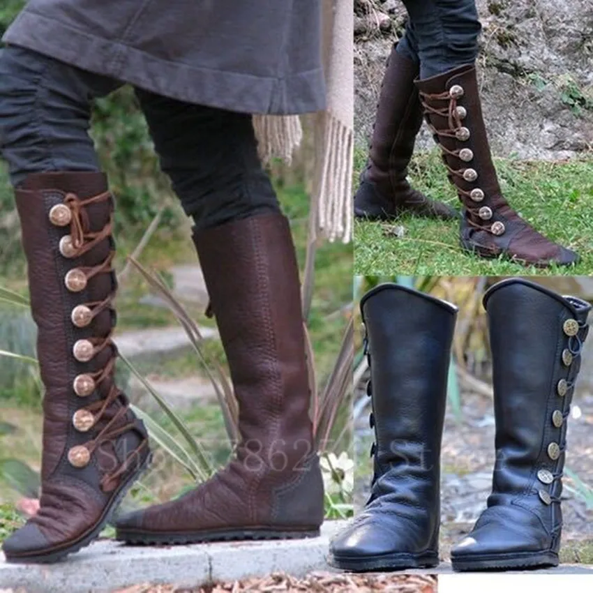 

Medieval Retro Women Zipper PU Leather Viking Pirate Boots Retro Botton Men Knight Hunter Carnival Party Cosplay Shoes Steampunk