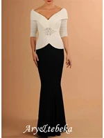 trumpet mother of the bride dress elegant luxurious plunging neck floor length satin half sleeve with beading ruching