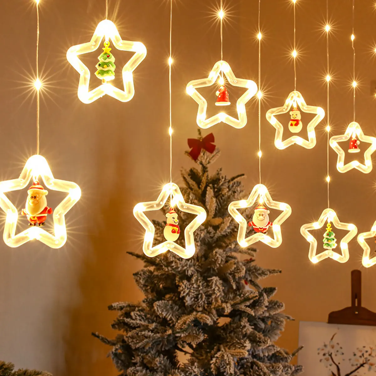 

Christmas Star Lights Waterproof 120LED Curtain String Lights 10 Stars with Santa Claus Tree Hat Elk Snowman USB Charging 8