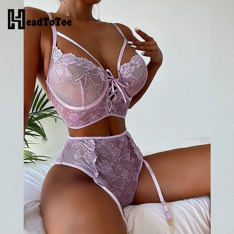 

Lace-up Cutout Floral Lace Garter Lingerie Set