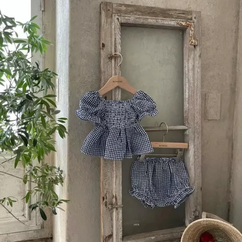

Fashion Baby Girls Suit Summer Square Neck Waist Plaid Bubble Sleeve Princess Tops + Ruffle Shorts Cute Clothing Sets For Infant
