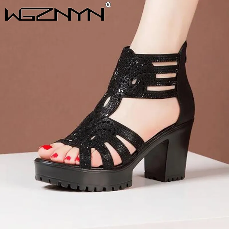 

2022 Summer New High Heels Gladiator Sandals Ladies Outcrop Sexy Crystal Chunky Heel Platform Shoes Back Zipper Ladies Sandals