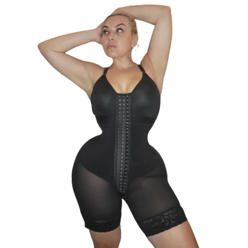 Knee Length Body Shaper With Hook-Eye Recovery Compression Faja Women'S Tummy Control Shapewear