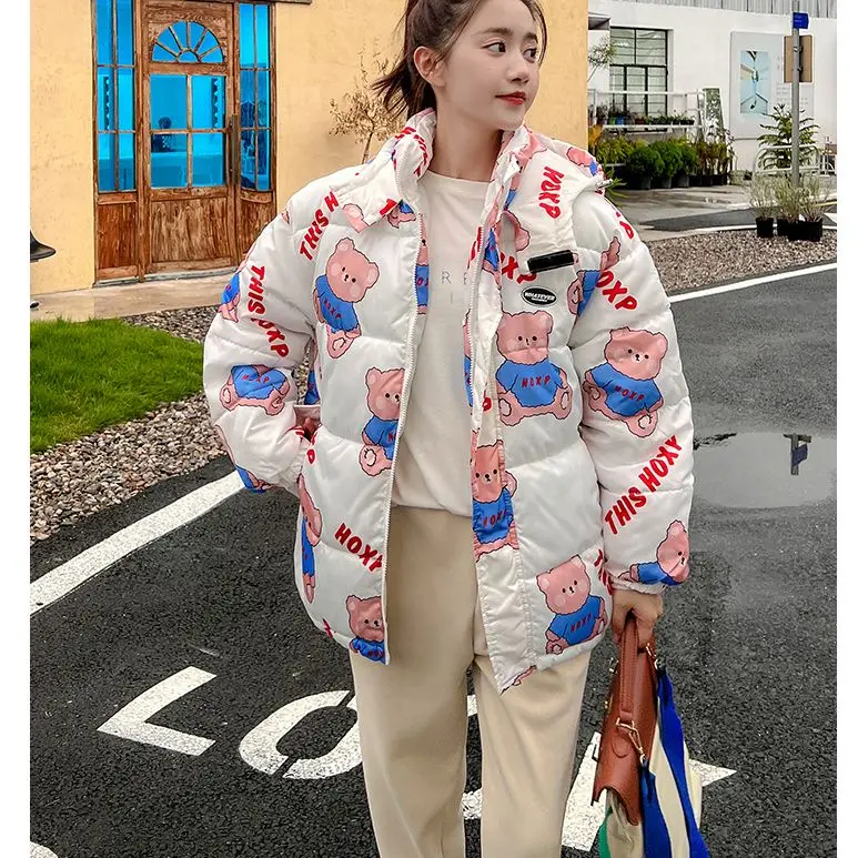 Winter Cute Bear Full Print Loose Warm Jacket Hooded Street Casual Long Sleeve Zip Cardigan Kawaii Sweet Woman Coat 2022 New