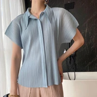 women shirts miyake pleated fashion design solid high street loose large size turn down collar short sleeve female tops tide