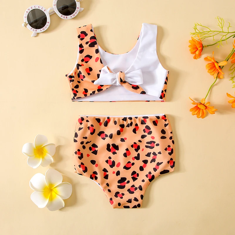 

Little Girls Two Piece Swimsuits V-Neck Tie Knot Leopard Bikini Tops and Bottom Set 6Months-4Years