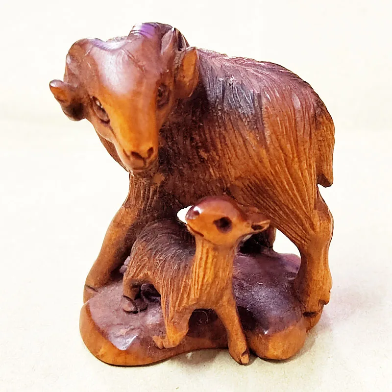 Y8880 — 2-дюймовый самшит ручной работы Netsuke: козья мама и малыш