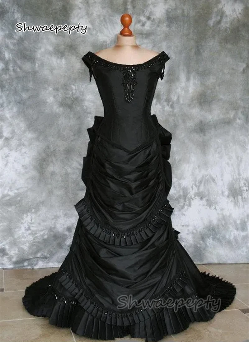 

Beaded Gothic Victorian Bustle Prom Gown with Train Vampire Ball Masquerade Halloween Black Evening Bridal Dress Steampunk Goth