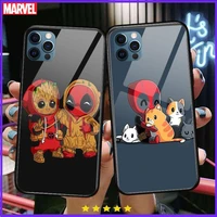 deadpool cute cartoon glass case for iphone 13 12 11 pro max 12pro xs max xr x 7 8 plus se 2020 mini case tempered back cover