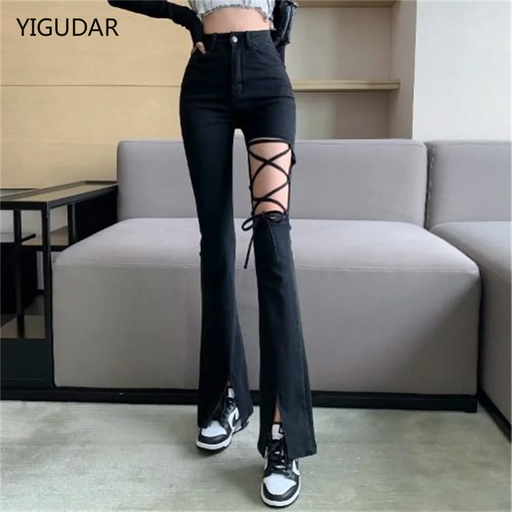 

Y2k Hollow Out Women Bell Bottoms Ripped Jeans Mom Jeans High Waist Chic Flared Denim Pants Vintage Wide Leg Hole Trousers women
