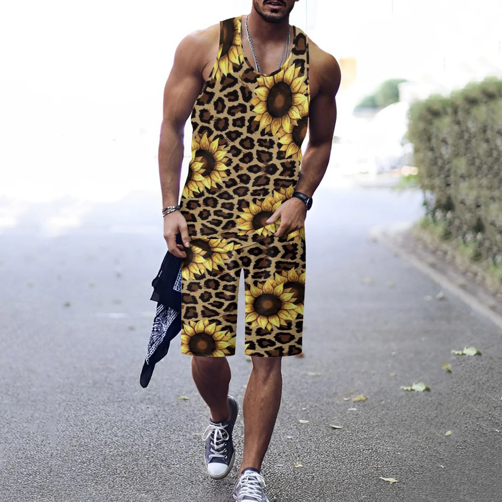 

Tank Tops Shorts Two Piece Set Men's Vest Beach Sunflower Leopard Print Tanks Summer Sleeveless Shirts Bodybuilding Gym Clothing