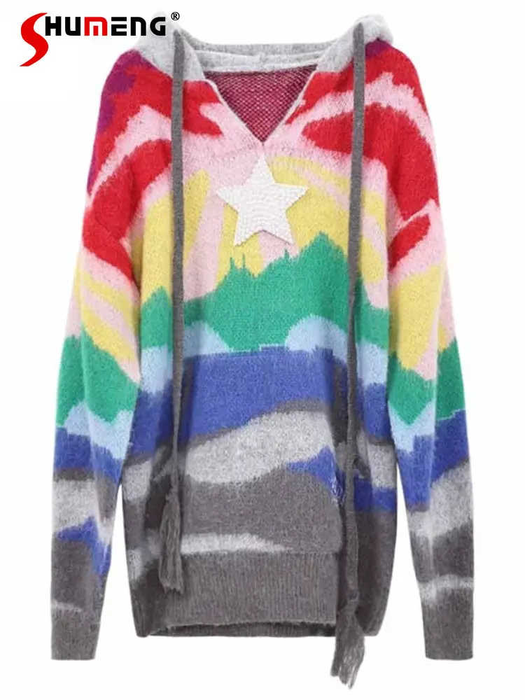 French Beautiful Christmas Rainbow Sweater Female High-End Women's Winter Long Sleeve Stripes Wool Hooded Sweaters for Women