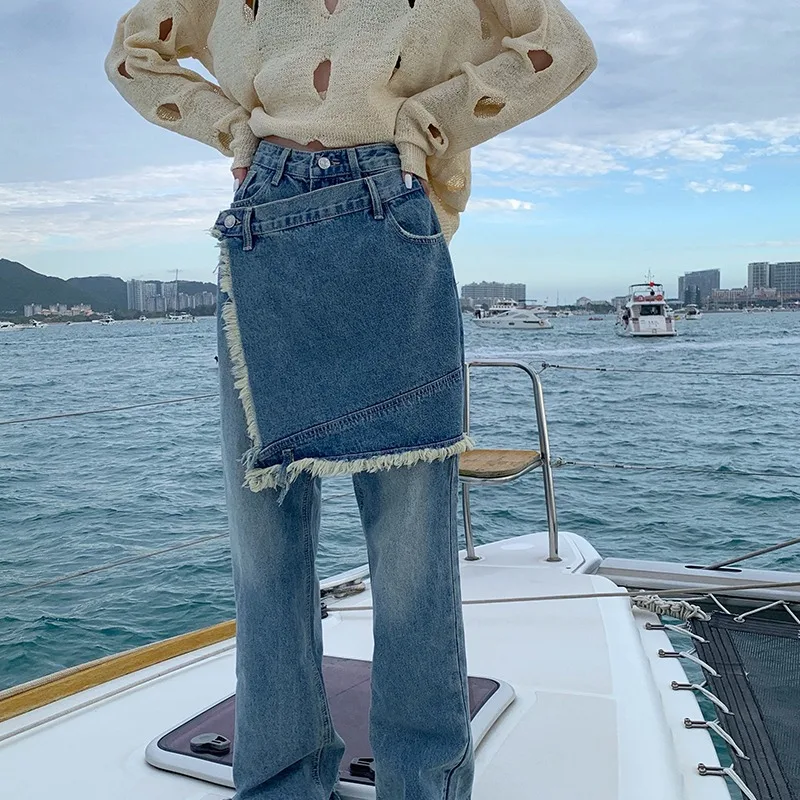 

Straight Jeans for Women Irregular Spliced Design Tassel Patchwork High Waist Trousers Y2k Denim Jeans Grunge High Street Pant