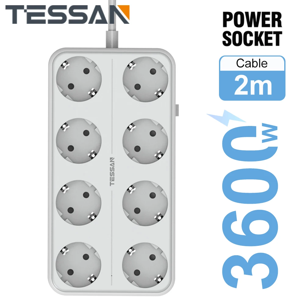 

TESSAN EU Power Strip with 4/6/8 Outlets & 3 USB Ports 5V/2.4A 3600W, Multiple Socket with On/Off Switch 2M Cable for Home