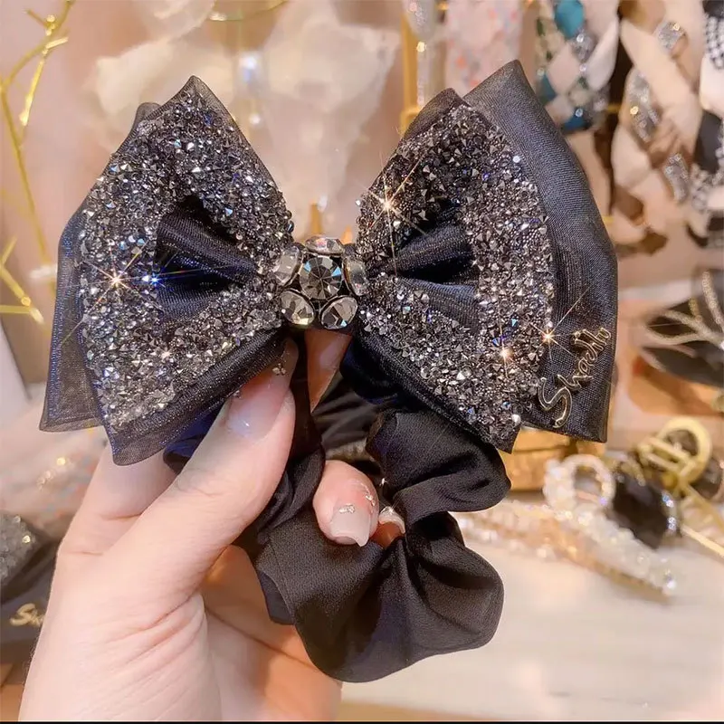 

Korean Luxury Fashion Black Rhinestone Bow Hair Tie 2023 Fashion New Headrope Organza Women Hair Accessories for Girls Cheveux