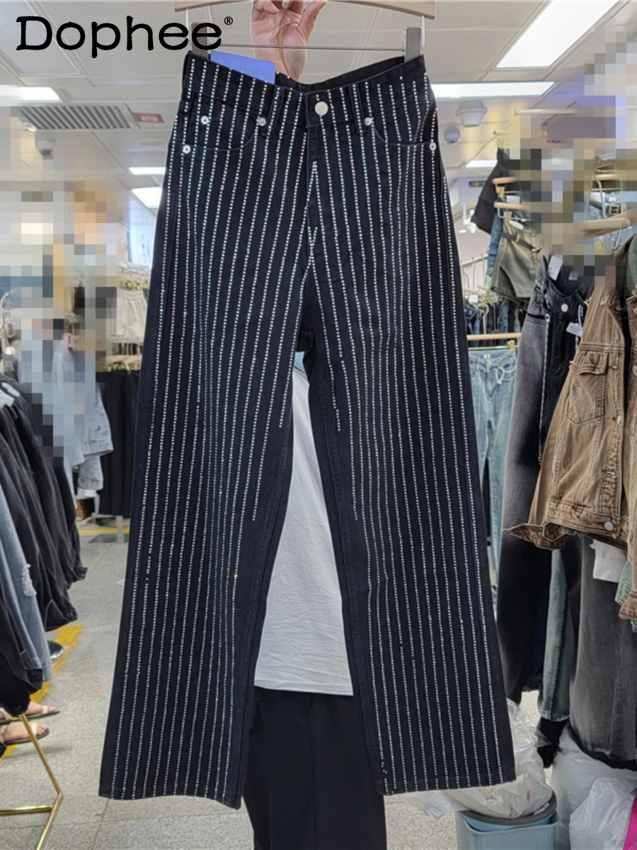 

Fall 2022 New Blue Straight Jeans Washed Exquisite Rhinestone Striped High Waist Slimming Black Casual Denim Trousers for Women