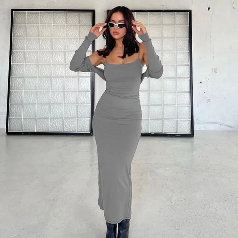 

Женское платье-Русалка с длинным рукавом, черное или серое однотонное платье-топ с расклешенной юбкой, весна-лето 2023