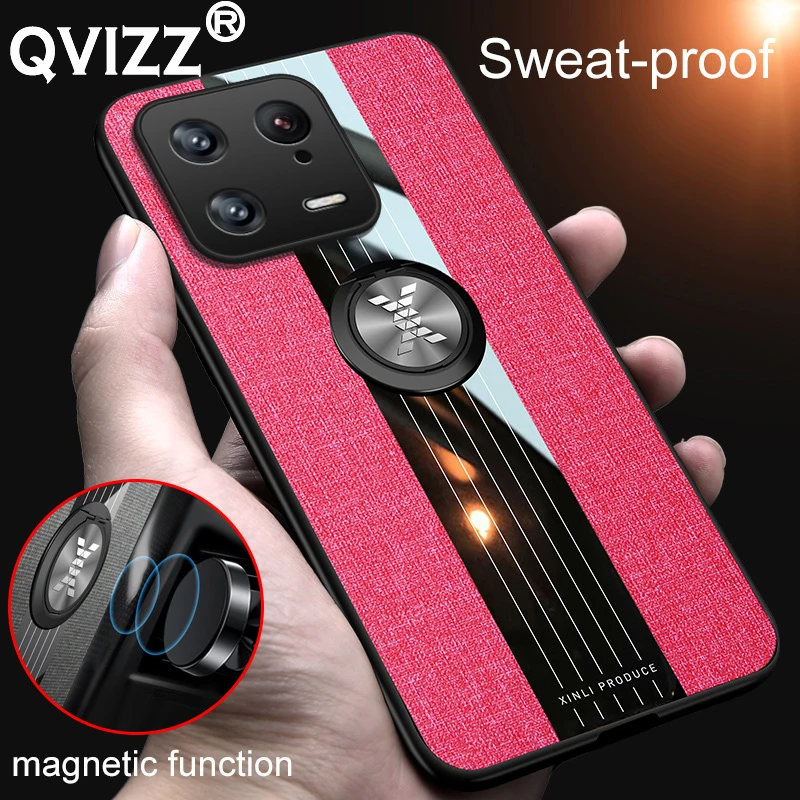 

Fabric Case for Xiaomi 13 Pro Car Magnetic Ring Holder Luxury Canvas Acrylic Soft Edge Hard Shockproof Phone Cover Xiaomi13Pro