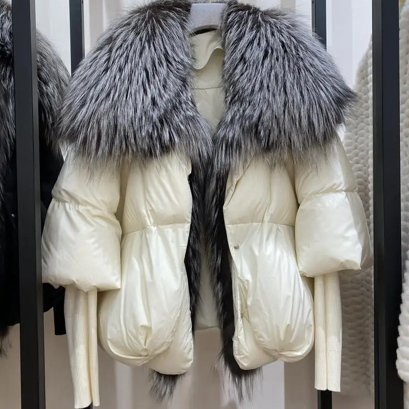 

Women Winter Coats With Big Silver Fox Fur Collar Trim New Goose Duck Down Jacket Female Loose Fashion Collar Detachable