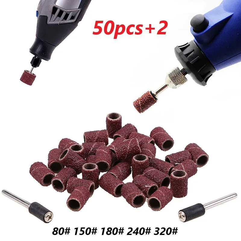 

50PCS Sanding Drum Set with 2pcs Rubber Connecting Rods Mandrel Nail Drill Bits Abrasive Rotary Tools Sandpaper Sanding Bands