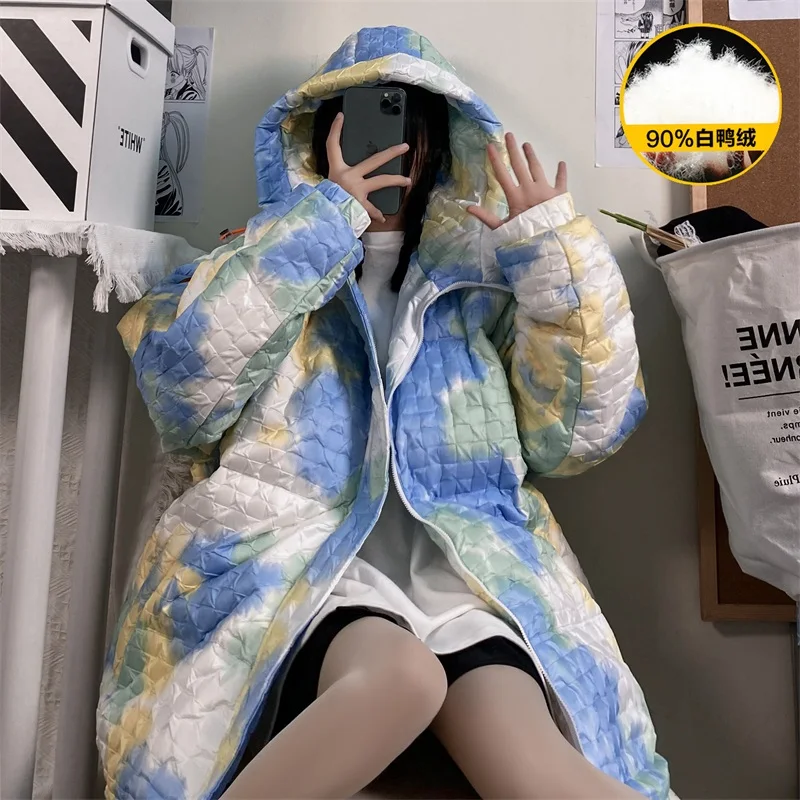 Mens Tie Dye Print Duck Down Puffer Jacket for Winter Fashion Trends Warm Clothes Couple Oversized Hooded Bubble Coat Streetwear
