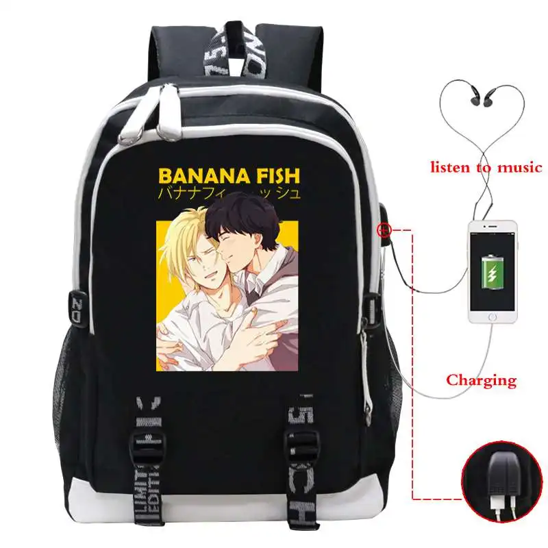 

Модный женский рюкзак для книг в стиле аниме с банановыми рыбками для мужчин и женщин, черный школьный рюкзак для девочек-подростков и студентов