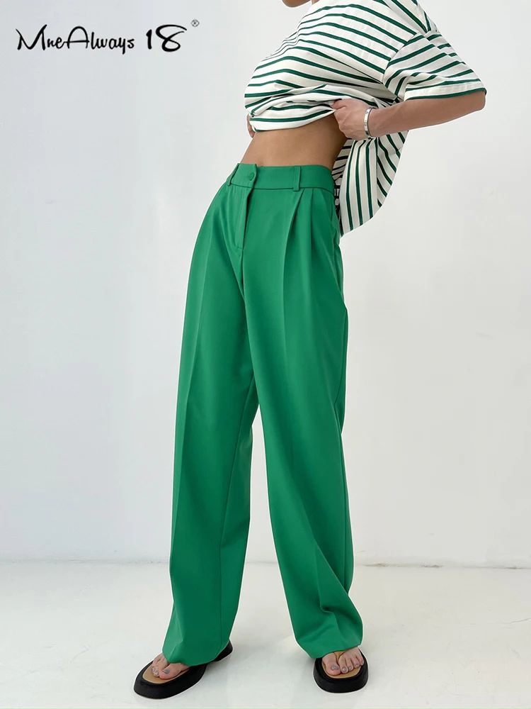 

Mnealways18 Green Office Trousers Women High Waist Straight Pants Full Length Pleated Elegant Career Palazzo Pants Casual 2022